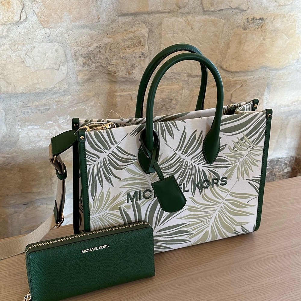 Michael Kors Medium Mirella Palm Tree tote handbag&wallet Green NWT Authentic - Picture 2 of 13
